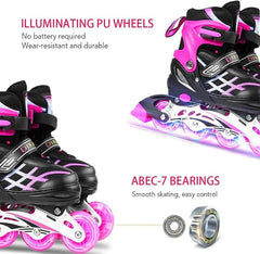 Kids Adjustable Inline Skates with Light Up Wheels Size33-37 Pink