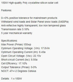 Solar Panel 150W Poly-crystalline with controller and mount