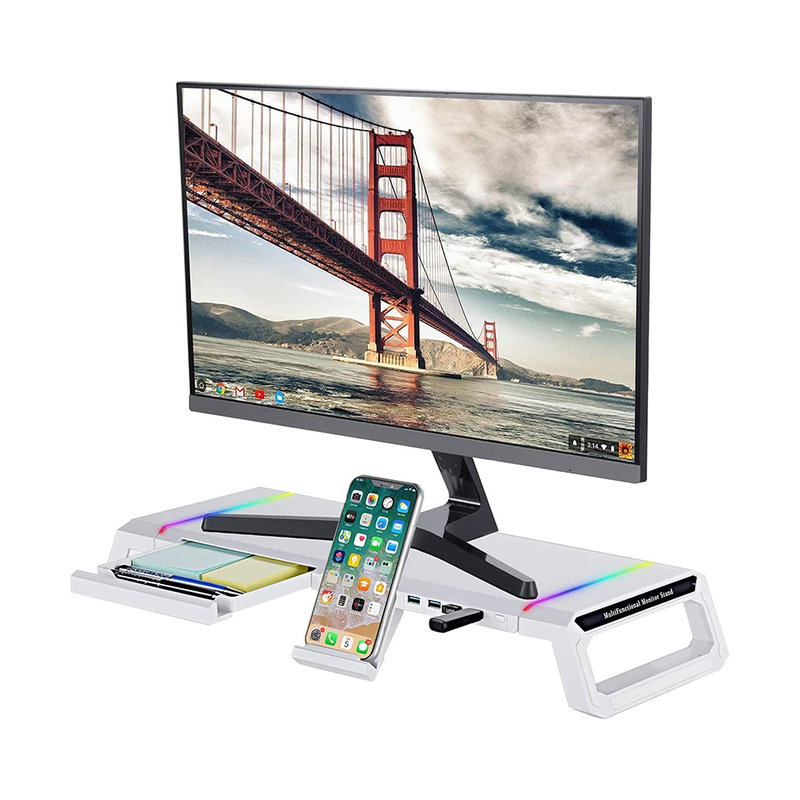 Monitor Stand Riser – White RGB Monitor Stand Riser with USB Hub