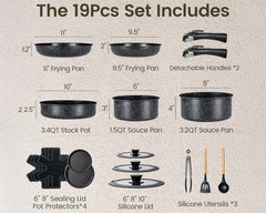 19 Piece Nonstick Induction Cookware Set With White Granite Finish