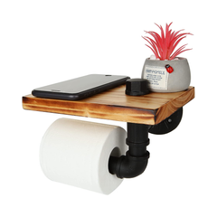 Industrial Toilet Paper Holder with Rustic Wooden Shelf