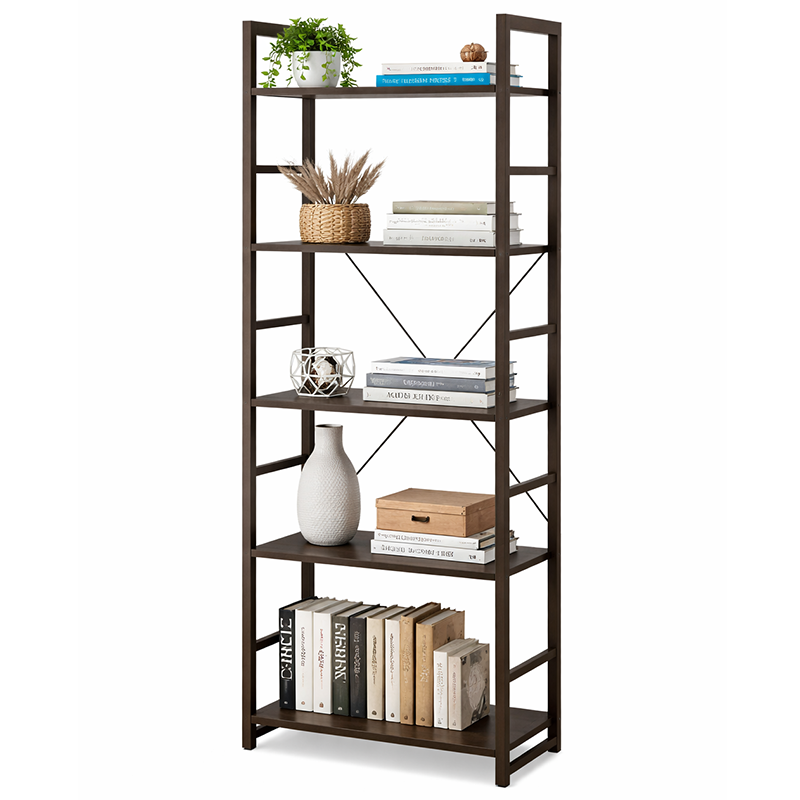 Five tier bookshelf with metal frame