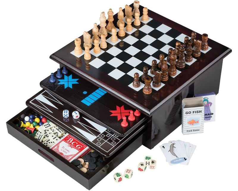10 in 1 Wooden Chess Board Games Slide Out Checkers House Unit Set