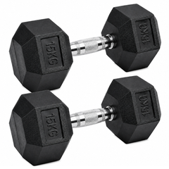 Dumbbell Set 2 x 15kg Hex Weights - 15kg Rubber Hex Dumbbells