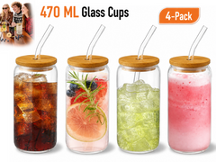 4 Pack Drinking Glass Cup with Bamboo Lid and Straw Set
