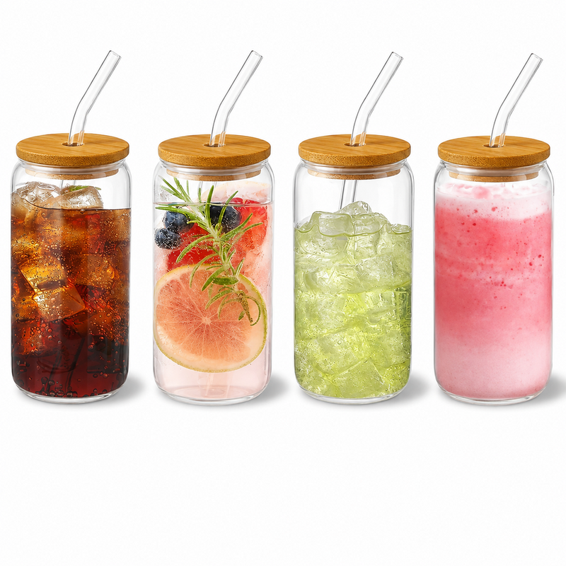 4 Pack Drinking Glass Cup with Bamboo Lid and Straw Set