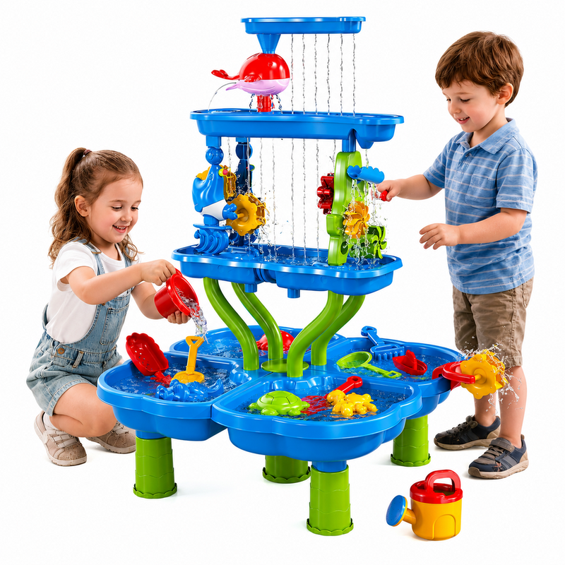 4-Tier Kids Water & Sand Play Table with Water Wheels
