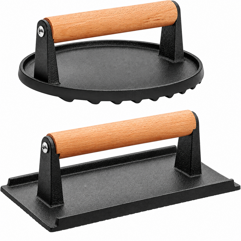 Cast Iron Grill Press 2 Pack Round and Rectangular Smash Burger Press