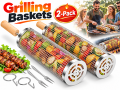Rolling Grill Basket – Stainless Steel BBQ Net Tube for Meat, Vegetables & Seafood Outdoor Cooking