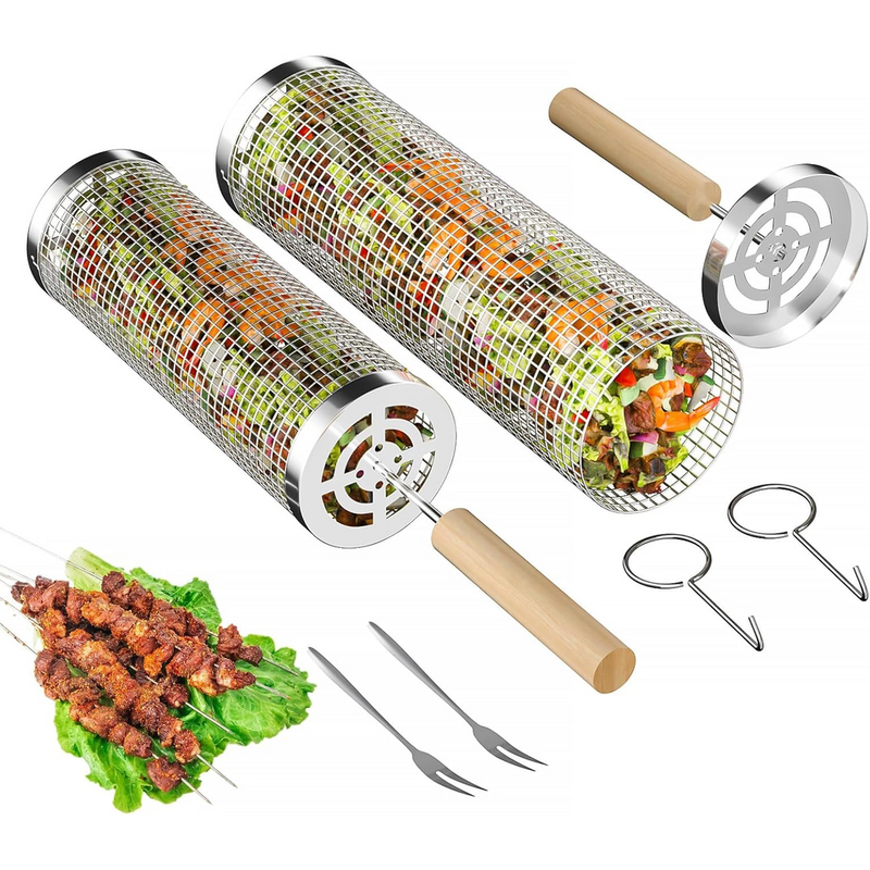 Rolling Grill Basket – Stainless Steel BBQ Net Tube for Meat, Vegetables & Seafood Outdoor Cooking
