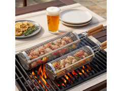 Rolling Grill Basket – Stainless Steel BBQ Net Tube for Meat, Vegetables & Seafood Outdoor Cooking