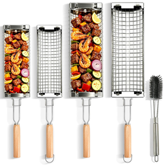 Rolling Grill Basket – Stainless Steel BBQ Net Tube for Meat, Vegetables & Seafood Outdoor Cooking