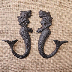 Cast Iron Mermaid Hook - Rustic - Set Of 2