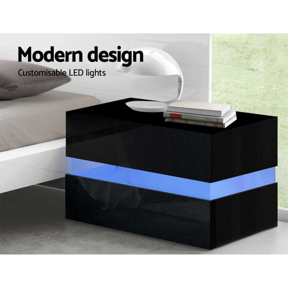 Bedside Table 2 Drawers RGB LED Side Nightstand High Gloss Cabinet - The Shopsite