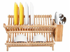 Bamboo Dish Rack with Utensil Holder Cross Dish Drainer with Cutlery Basket - The Shopsite