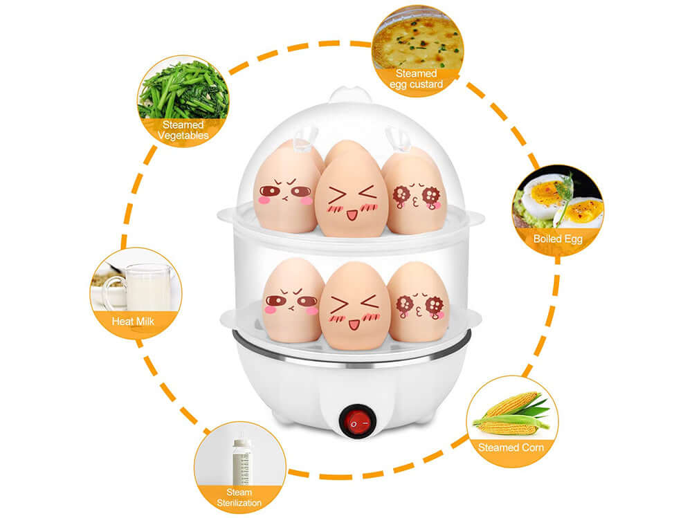 Double Layer Egg Cooker 14 Egg Capacity Hard Boiled Egg Cooker -dry  Electric Egg Boiler with 40mL Measuring Cup Steam Vegetables