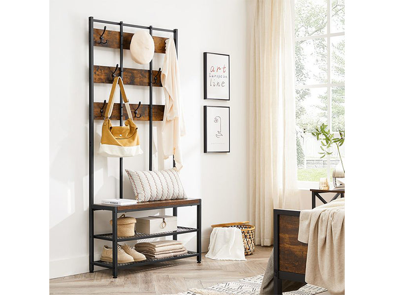 Coat Rack with 8 Hooks and Seat, 2 Mesh Shelves, Hallway