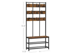 Coat Rack with 8 Hooks and Seat, 2 Mesh Shelves, Hallway