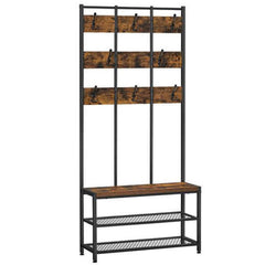 Coat Rack with 8 Hooks and Seat, 2 Mesh Shelves, Hallway