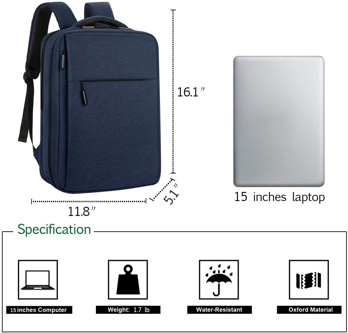 Anti - theft Laptop Backpack Blue 28cm - The Shopsite