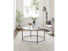 Round Glass Coffee Table with Steel Frame & Black Legs