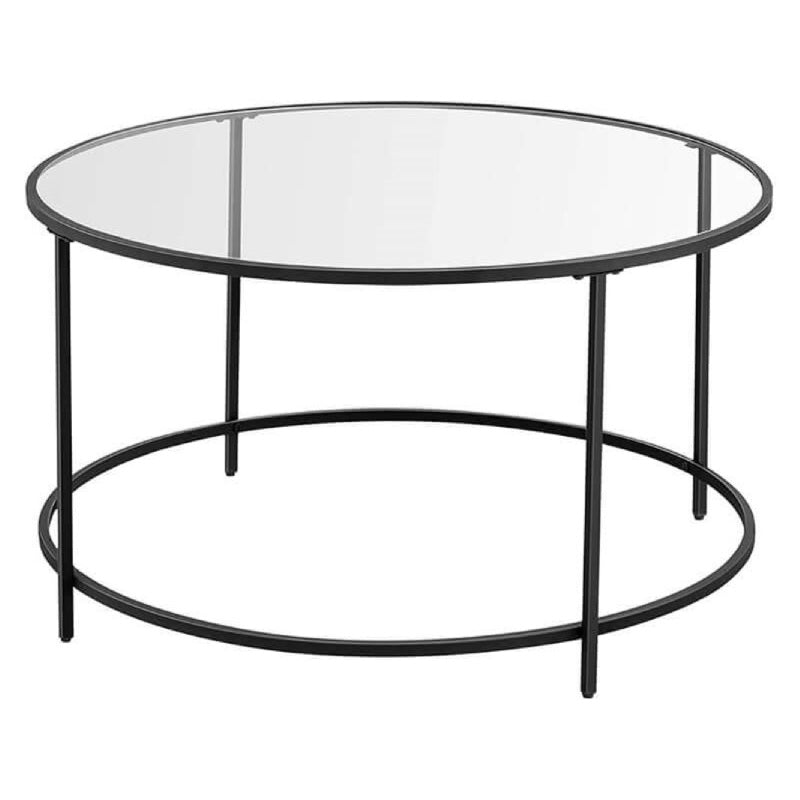 Round Glass Coffee Table with Steel Frame & Black Legs