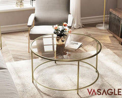 Round Glass Coffee Table with Steel Frame by VASAGLE 90cm