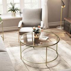 Round Glass Coffee Table with Steel Frame by VASAGLE 90cm