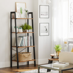 VASAGLE Ladder Shelf, Bookshelf, 4-Tier Industrial Storage Rack for Living Room, Bedroom, Kitchen, Rustic Brown and Black